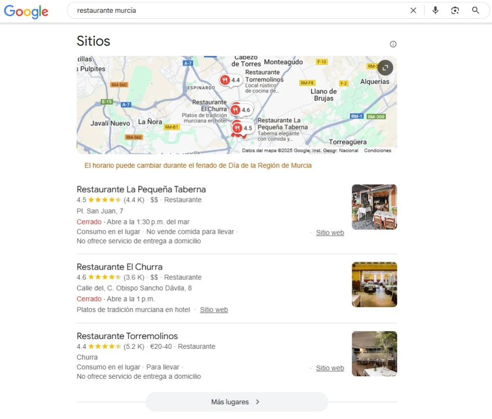Resultado de búsqueda SEO para restaurante